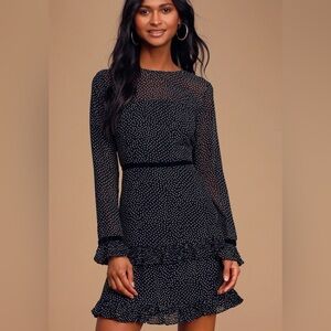 Lulu’s Floral to See black polka dot long sleeve mini dress